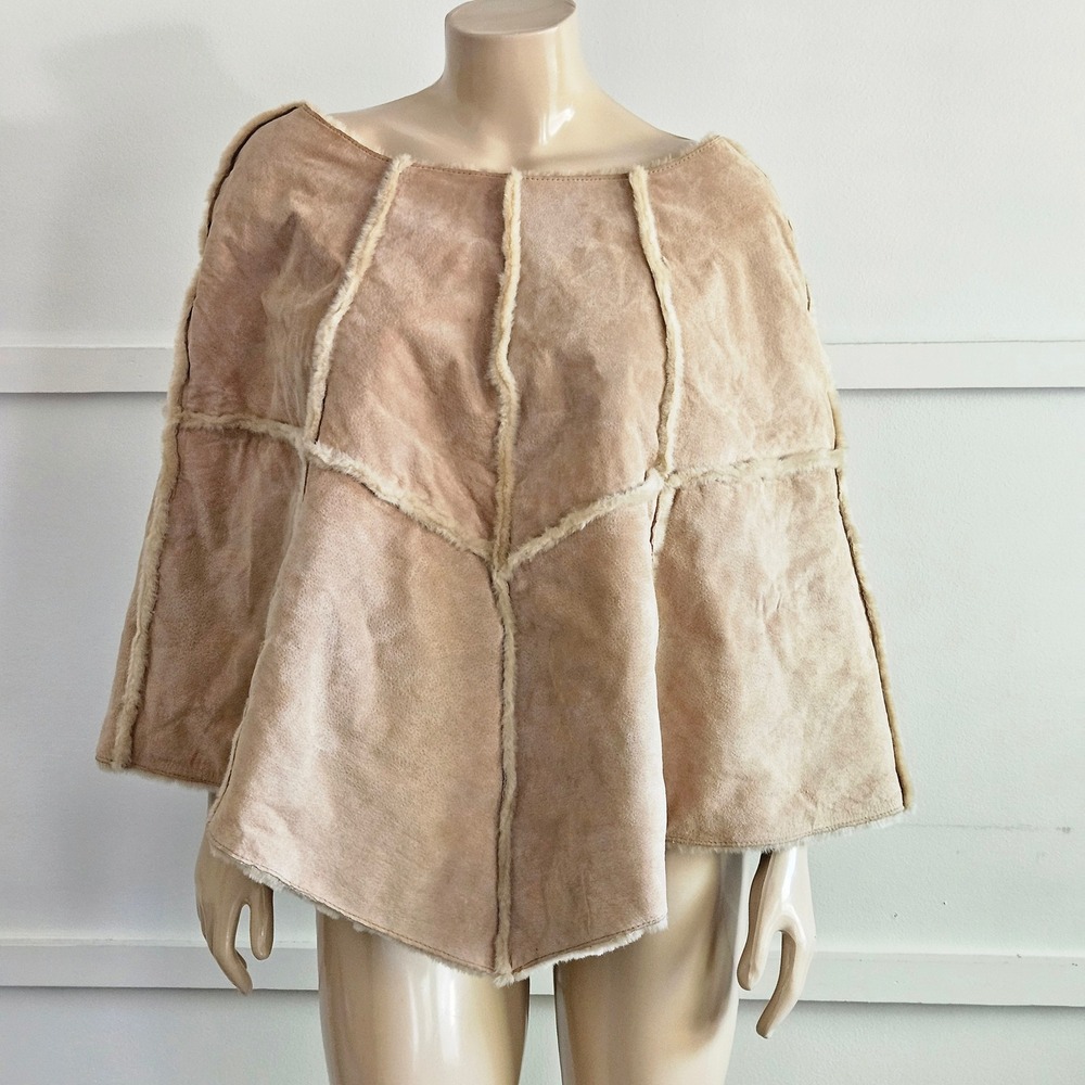 Wilson's Leather Maxima Tan Faux Shearling Poncho Cape Exposed Seams S/M